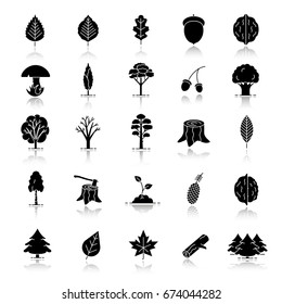 Tree Types Drop Shadow Black Glyph Icons Set. Forest, Park. Forestry. Isolated Vector Illustrations