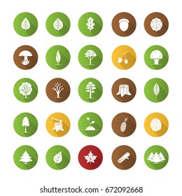 Tree types flat design long shadow glyph icons set. Forest, park. Forestry. Vector silhouette illustration