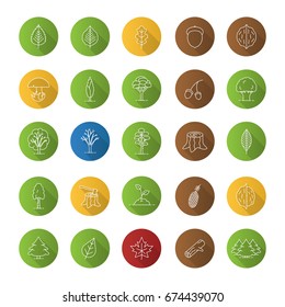 Tree types flat linear long shadow icons set. Forest, park. Forestry. Vector outline illustration