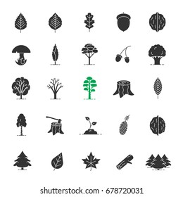 Tree types glyph icons set. Forestry silhouette symbols. Forest, park. Vector isolated illustration