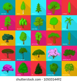 Tree types icons set. Flat illustration of 25 tree types vector icons for web