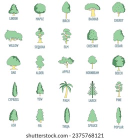 Einstellung von Baumtypen-Symbolen. Kontur-Illustration von 25 Baumarten, Vektorsymbole in dünner Linie, flach auf Weiß