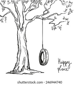 tree with a tyre swing. Vector illustration.  
