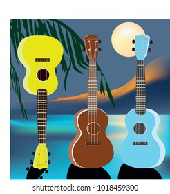 Tree ukulele on sea view background.