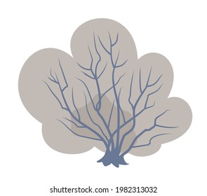 Tree under snow. Crown with branches. Plant. Close-up bush covered with frost. In soft evening colors. Flat cartoon. Winter season. Isolated. Vector art.