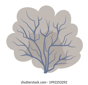 Tree under snow. Crown with branches. Beautiful. Close-up bush covered with frost. In soft evening colors. Flat cartoon. Winter season. Isolated. Vector art.