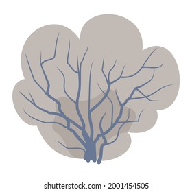 Árbol bajo la nieve. Corona con ramas. Matorral de cierre cubierto de heladas. En tonos suaves por la noche. Dibujo plano. Temporada de invierno. Imagen aislada. Arte vectorial.