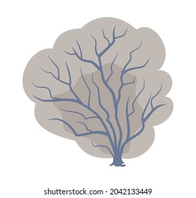 Tree under snow. Crown with branches. Close-up bush covered with frost. In soft evening colors. Flat cartoon. Winter season. Isolated. Vector art.
