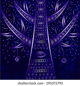 Tree with undulating patterns, with an eye in the night sky