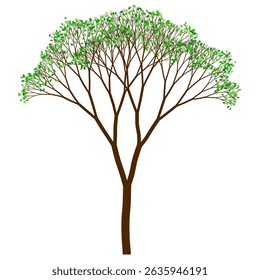 Árvore com forma vertical e folhas verdes. Projeto algorítmico fractal binário.