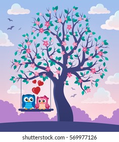 Árbol con tema de búho de Valentine 2 - ilustración vectorial eps10.