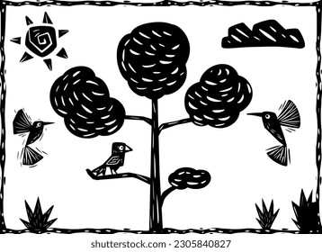 Tree with various birds. Rural setting, woodcut style and cordel literature.