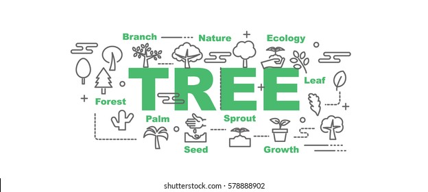 tree vector banner design concept, flat style with thin line art icons on white background
