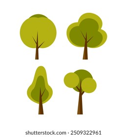 Tree vector collection hand drawn flat design element. botanical set of bare trees and ones with leaves and lush limited pastel color