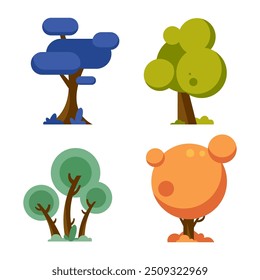 Colección de Vector de árbol elemento de diseño plano dibujado a mano. conjunto botánico de árboles desnudos y unos con hojas y exuberante color pastel limitado