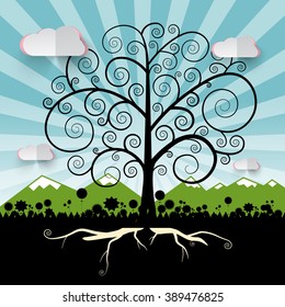 Tree - Vector Curled Abstract Tree on Landscape with Mountains - Flowers Silhouette and Blue Sky Nature Vector Illustration
