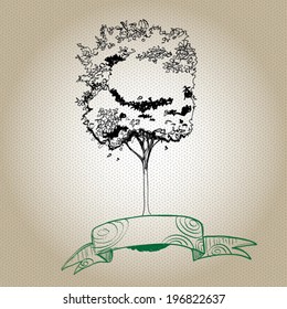 Tree vector - Hand drawn with ribbon banner 