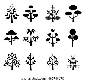 tree vector icon set collection black and white, cute plant cartoon