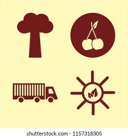 Tree vector icons set. with sun leaves, tree, truck and cherry in set