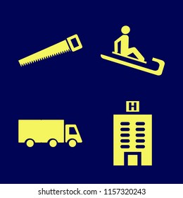 Tree vector icons set. with truck, hotel building, saw and man riding sleigh in set