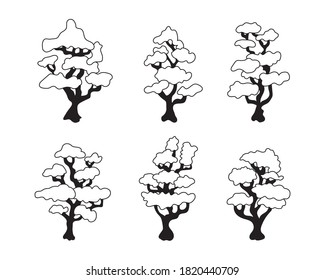 Tree vector icons. Six trees with white leaves and black trunks and branches. Lined up in rows of three on a white background.