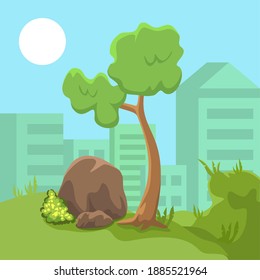 Ilustración vectorial de árbol. Árbol solitario en medio de la ciudad.