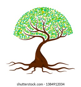 Tree vector illustration with green leaves and roots, can use for logo inspiration, design element and decoration isolated on white background