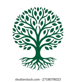 Ilustração de vetor de árvore com folhas verdes e raízes profundas. O símbolo de árvore forma uma forma circular sobre fundo branco. O ícone da árvore verde representa o crescimento da ecologia da natureza e o design do logotipo ambiental.