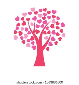 Ilustración vectorial de árbol con hojas de forma cardíaca y color rosa aislado en fondo blanco 
