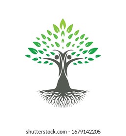tree vector illustration logo design template. Abstract vibrant tree logo design, together people.
