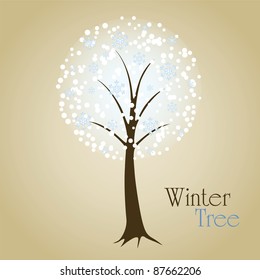 Tree vector illustration with snowflakes. Nature symbol graphic design.