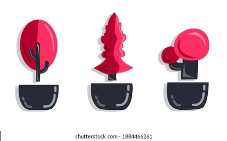 tree, vector illustration of three pink trees in pots, modern minimalist flat design.  illustrations for decoration