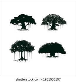 Tree vector illustrations, roots, banyan tree isolated on white background.