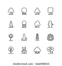 Tree Vector Line Icon Set. Naturally beautiful symbol, wooden trunk and outline branches for map. Contains such Icons as Wood, Plant, Pine, Cactus, Bamboo and more. Expanded Stroke