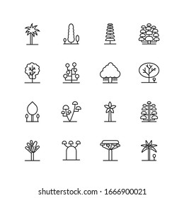 Tree Vector Line Icon Set. Naturally beautiful symbol, wooden trunk and outline branches for map. Contains such Icons as Wood, Plant, Pine, Cactus, Bamboo and more. Expanded Stroke