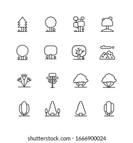 Tree Vector Line Icon Set. Naturally beautiful symbol, wooden trunk and outline branches for map. Contains such Icons as Wood, Plant, Pine, Cactus, Bamboo and more. Expanded Stroke