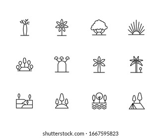 Tree Vector Line Icon Set. Naturally beautiful symbol, wooden trunk and outline branches for map. Contains such Icons as Wood, Plant, Pine, Cactus, Bamboo and more. Expanded Stroke