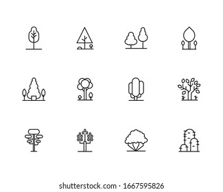 Tree Vector Line Icon Set. Naturally beautiful symbol, wooden trunk and outline branches for map. Contains such Icons as Wood, Plant, Pine, Cactus, Bamboo and more. Expanded Stroke