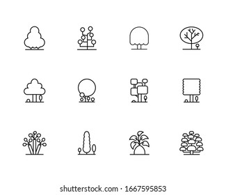 Tree Vector Line Icon Set. Naturally beautiful symbol, wooden trunk and outline branches for map. Contains such Icons as Wood, Plant, Pine, Cactus, Bamboo and more. Expanded Stroke