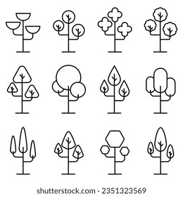 Tree Vector Line Icon Set. Naturally beautiful symbol, wooden trunk and outline branches for map. Vector illustration. Editable stroke.