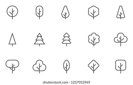 Tree Vector Line Icons Set. Forest, Park and Garden Trees Collection. Coniferous And Deciduous Trees. Editable Stroke. 48x48 Pixel Perfect.