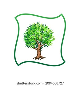 Tree vector logo, isolated on white, realistic sign, green leaves and roots, EPS 10.
