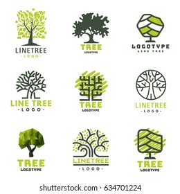 Tree vector logotype oak treetops isolated green forest badge logo branch silhouette collection illustration. 