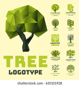 Tree vector logotype oak treetops isolated green forest badge logo branch silhouette collection illustration. 