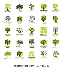Tree vector logotype oak treetops isolated green forest badge logo branch silhouette collection illustration. 