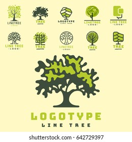 Tree vector logotype oak treetops silhouette illustration isolated  green forest badge  logo branch collection.