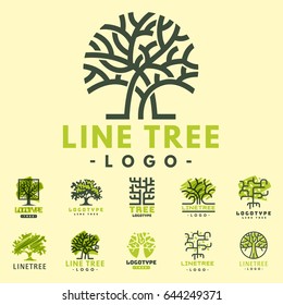 Tree vector logotype oak treetops silhouette illustration isolated  green forest badge  logo branch line-tree collection.