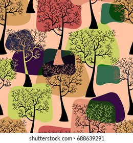 Tree vector seamless pattern.   Black silhouettes  of trees with colorful spots. Autumn background.