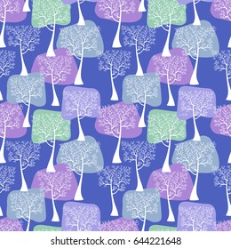 Tree vector seamless pattern. Blue forest. Wood background. 
