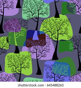 Tree vector seamless pattern. Colorful forest. Wood background. 